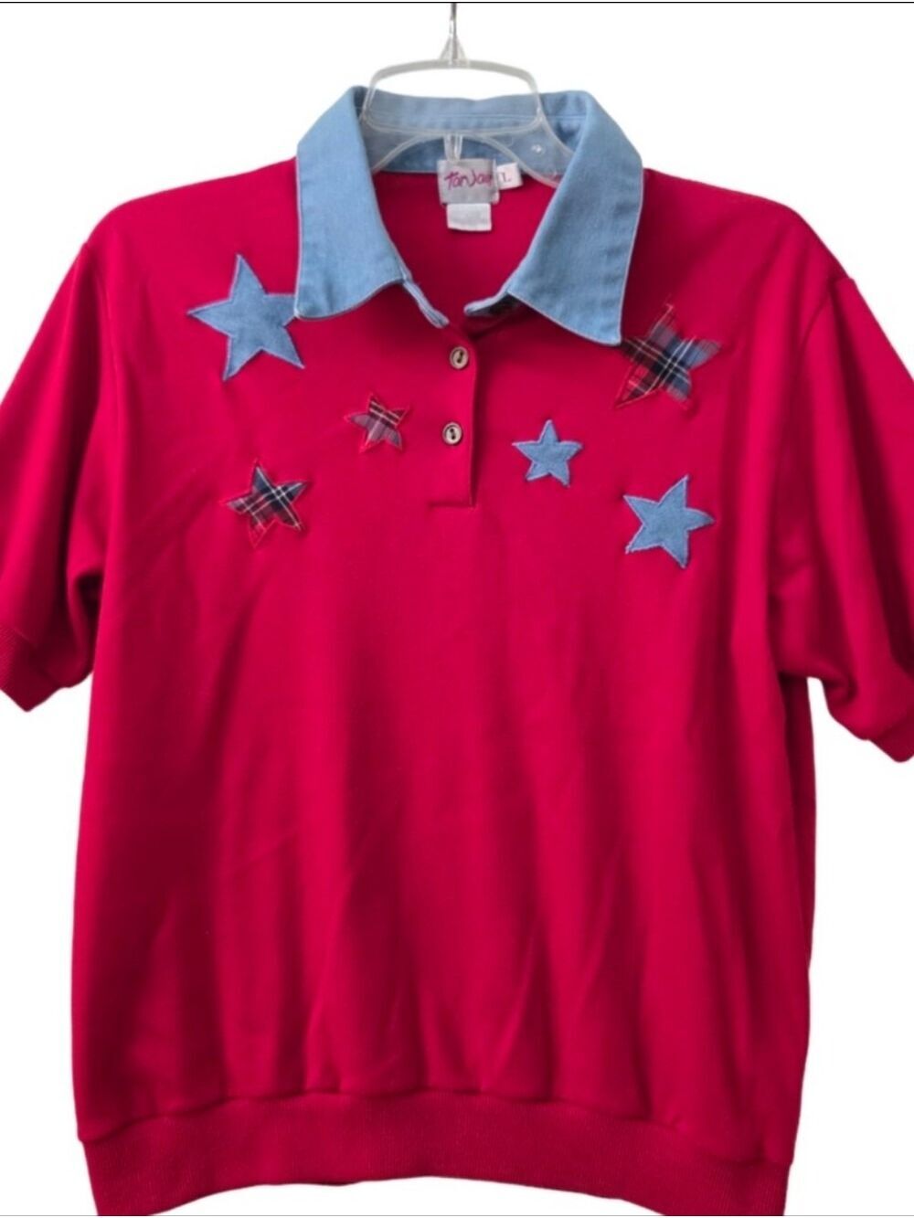 Tan Jay Vintage 90s Red Star Applique Denim Collar Polo Sweatshirt Large